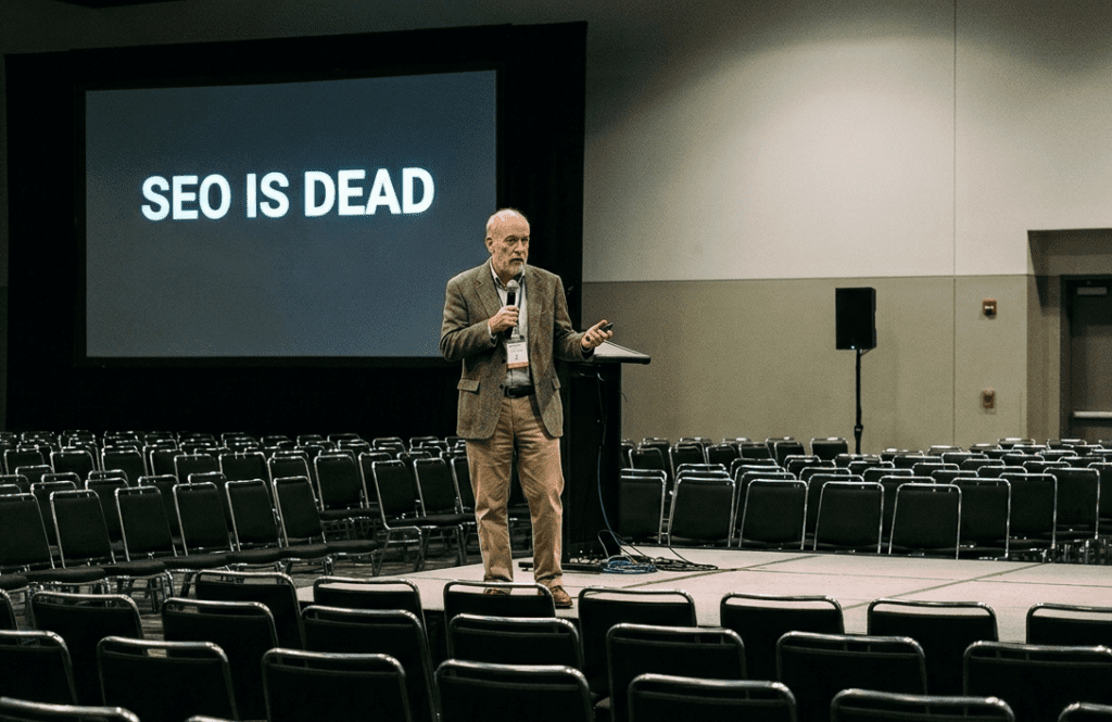 Middle Aged on stage making a presentation called SEO Is Dead to theatre full of empty chairs.